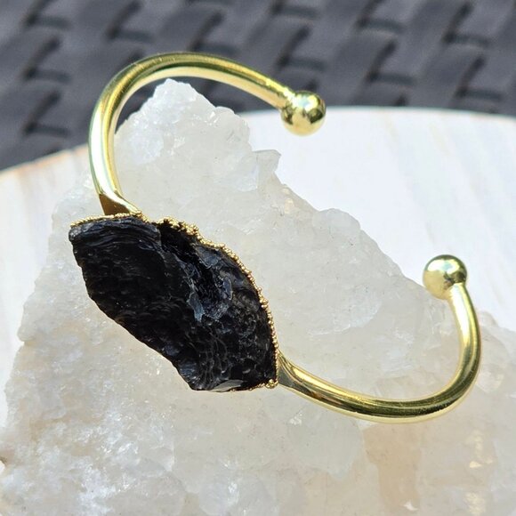 Black Tourmaline Wire Wrap Cuff – 14Kt Gold Over Copper – Grounding Talisman - Picture 5 of 11
